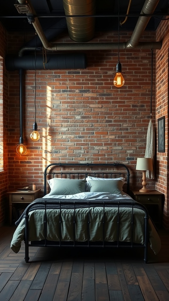 A stylish industrial chic bedroom featuring exposed brick walls, metal accents, and warm lighting.