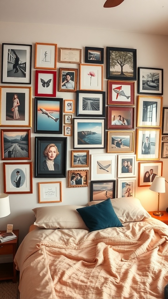 An eclectic gallery wall featuring a variety of framed artworks and photographs.