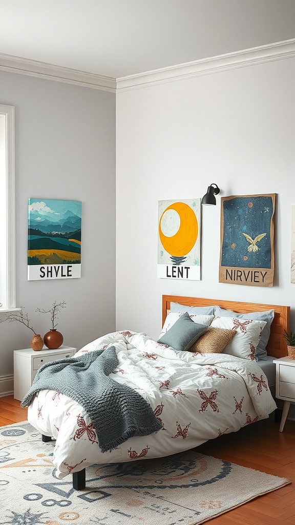 A modern bedroom featuring mixed media wall art with colorful paintings and a cozy bed.