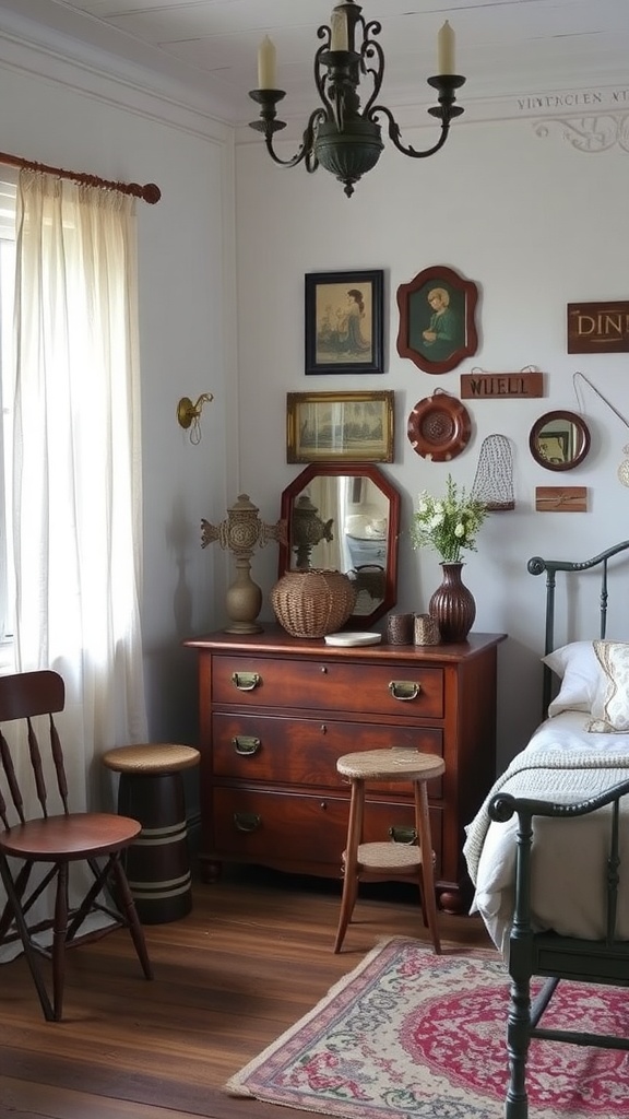 A cozy bedroom featuring vintage furniture, antique decor, and warm lighting.
