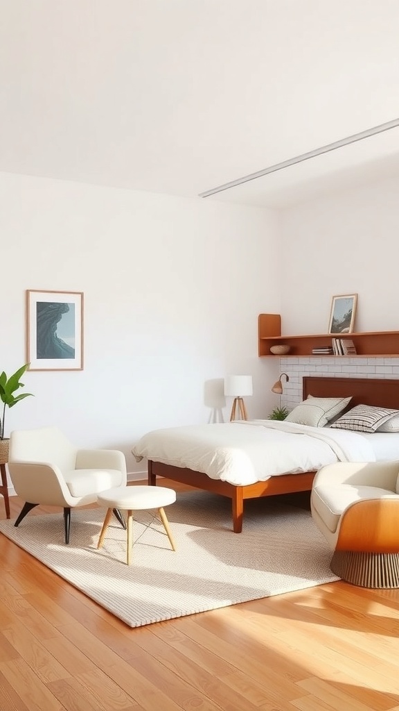 A bright bedroom featuring mid-century modern furniture with a bed, chairs, and a rug.