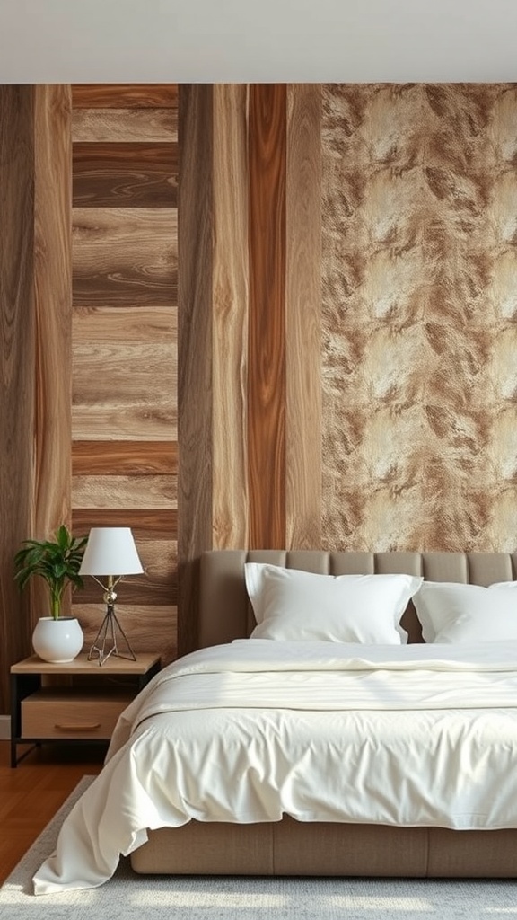 A cozy bedroom with textured wall treatments featuring wood and plaster.