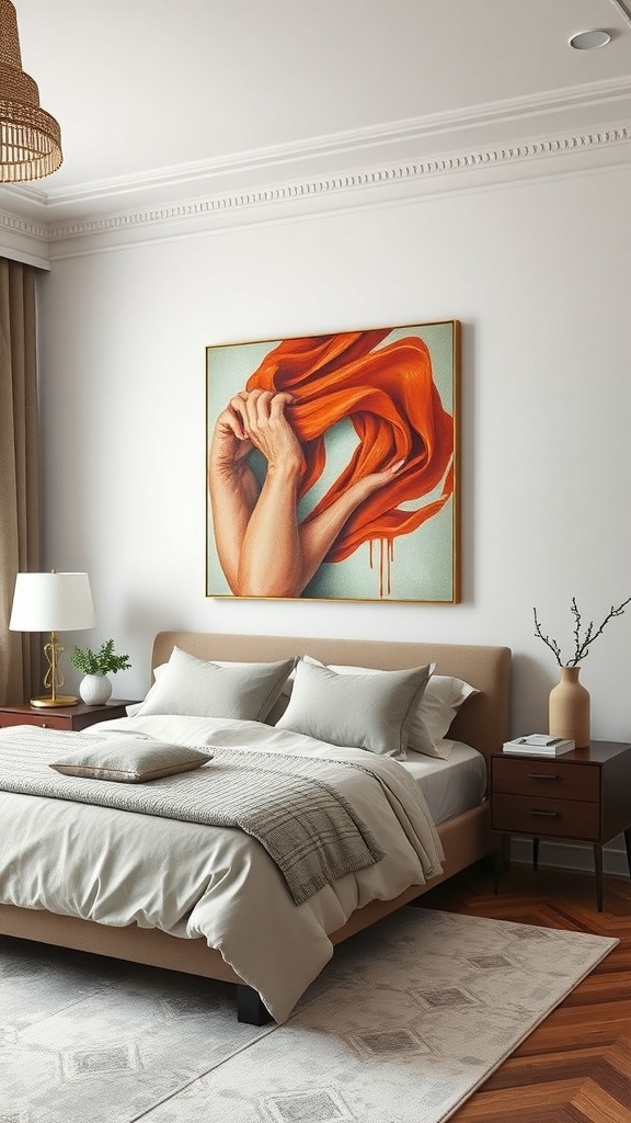 A stylish bedroom featuring a striking artwork of hands holding a flowing fabric, with neutral bedding and modern decor.