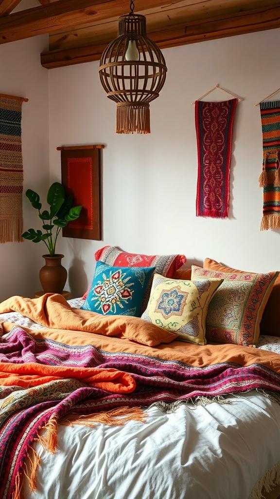 A cozy bohemian bedroom with layered textiles, featuring colorful pillows and blankets.