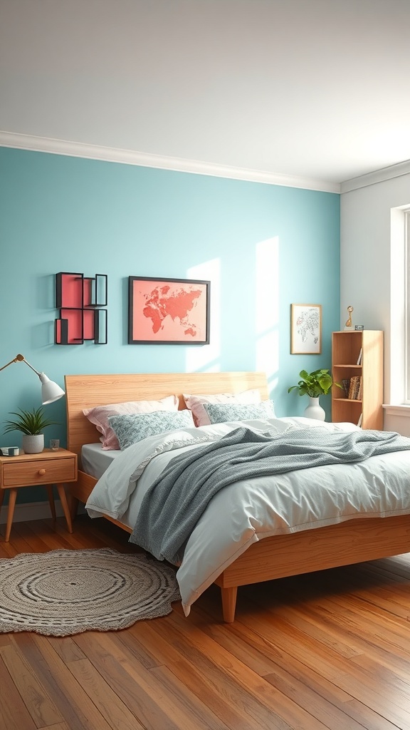 A cozy bedroom featuring a colorful accent wall in soft blue, complemented by wooden furniture and decorative elements.