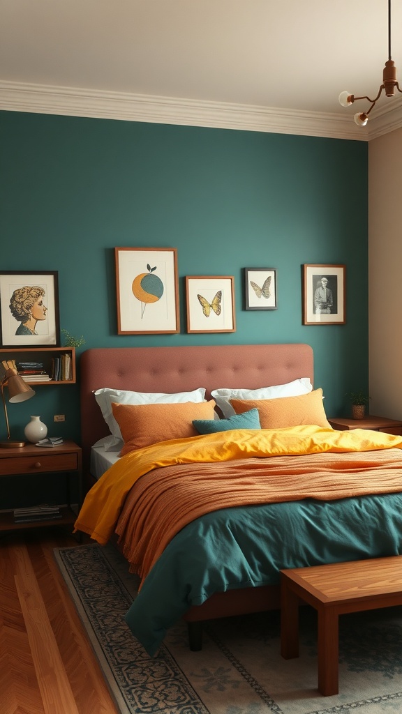 A cozy bedroom with teal walls, yellow and teal bedding, and framed art on the walls.