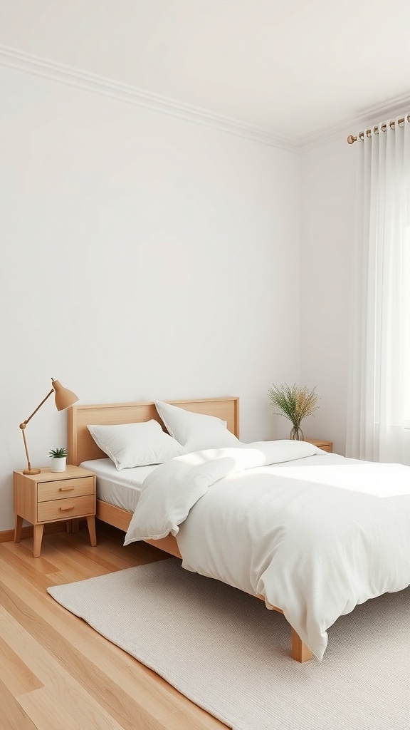A minimalist Scandinavian bedroom featuring a wooden bed, light bedding, and simple decor.