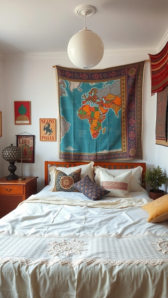 A cozy bedroom featuring a world map tapestry, colorful pillows, and eclectic decor.