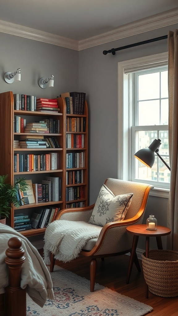 A cozy reading nook featuring a comfortable chair, a side table, and a bookshelf filled with books.