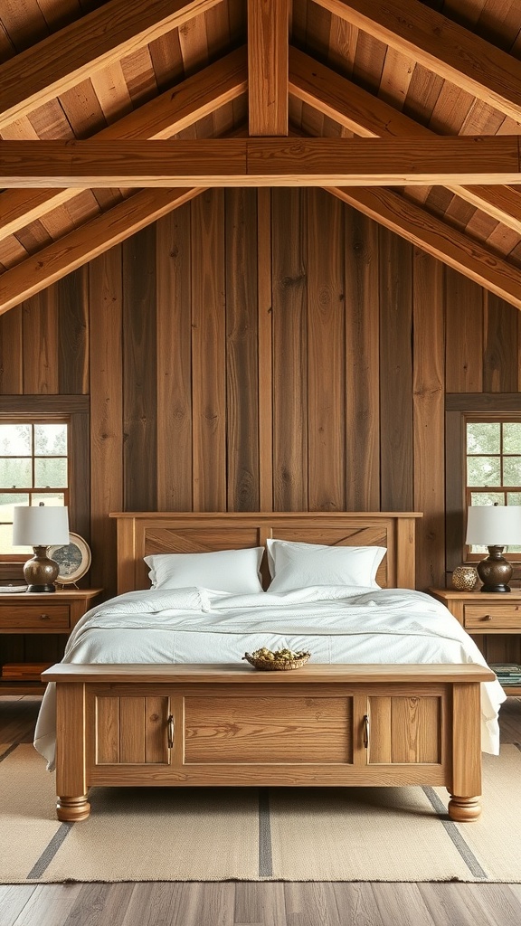A rustic farmhouse bedroom featuring wooden beams, a wooden bed frame, and warm tones.