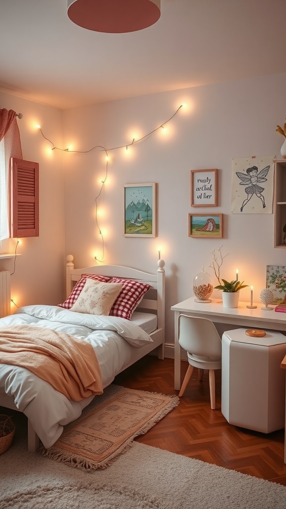 A cozy bedroom with string lights, quirky art, and soft textures.