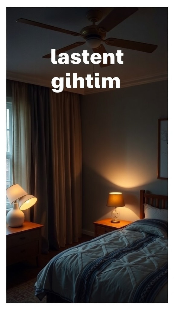 A cozy bedroom with layered lighting, featuring a bedside lamp and a standing lamp.