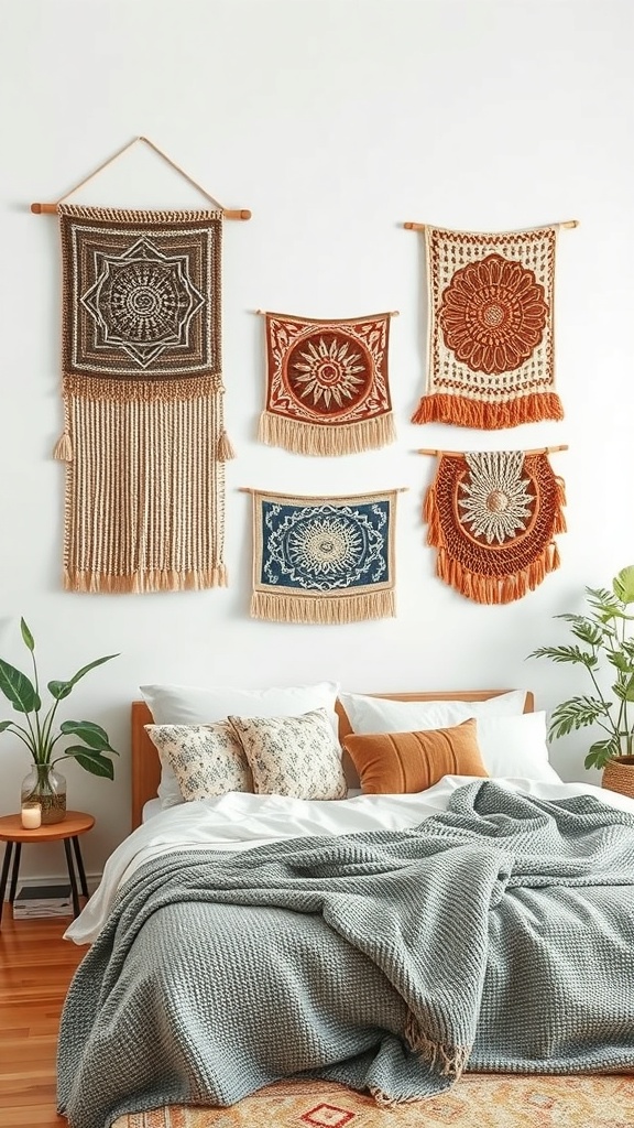 A cozy bedroom featuring various textile wall hangings above the bed.