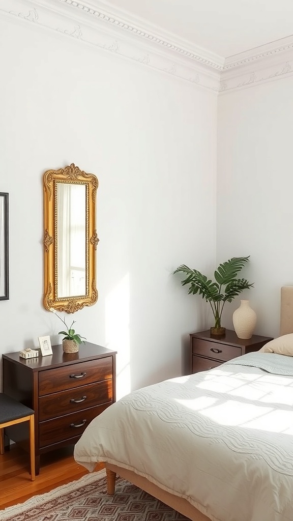 A cozy bedroom featuring a large, ornate mirror on the wall, with a bed and wooden furniture.