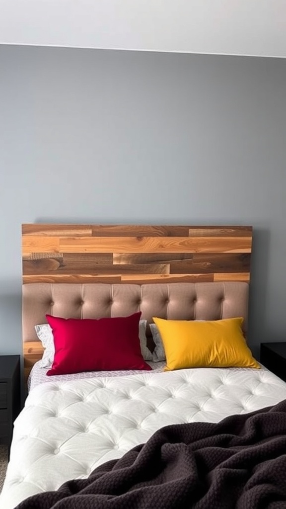 A stylish bedroom featuring a unique headboard made of wood and fabric, with colorful pillows.