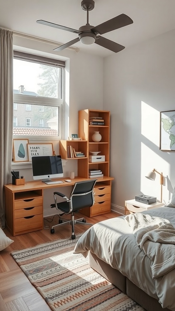 A cozy bedroom with a workspace featuring a desk, chair, and natural light.