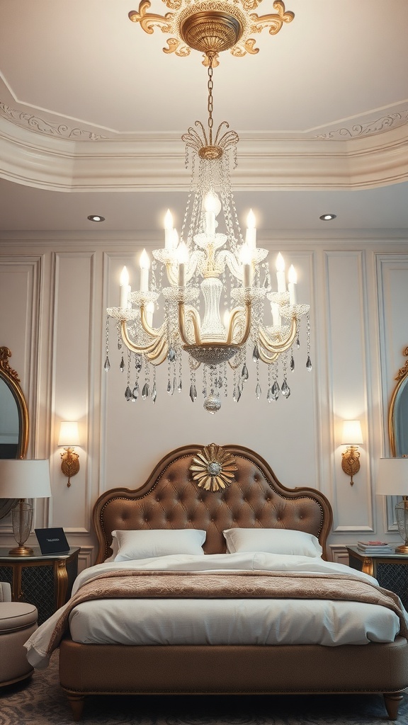 A luxurious bedroom featuring an elegant chandelier and stylish decor.