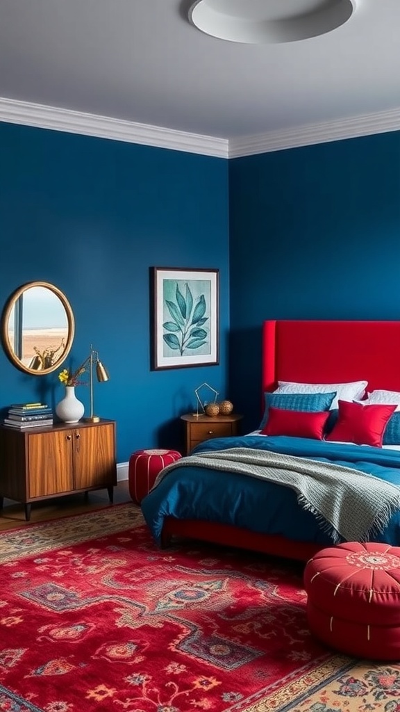 A luxurious bedroom featuring bold blue walls, a red headboard, and colorful decor.