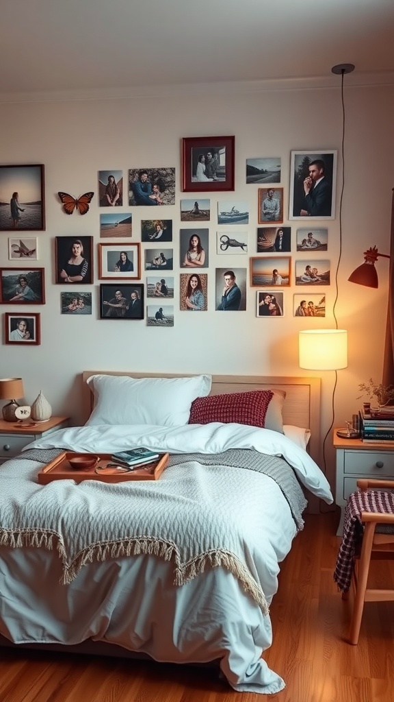 A cozy bedroom featuring a personalized photo collage on the wall, showcasing various framed pictures.