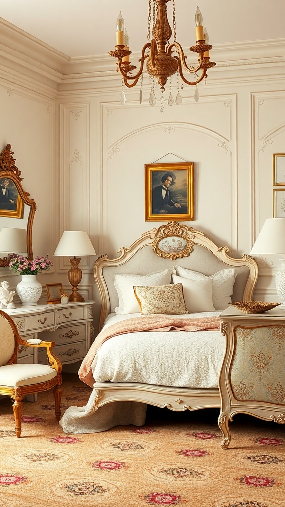A luxurious vintage bedroom featuring ornate furniture and elegant decor.