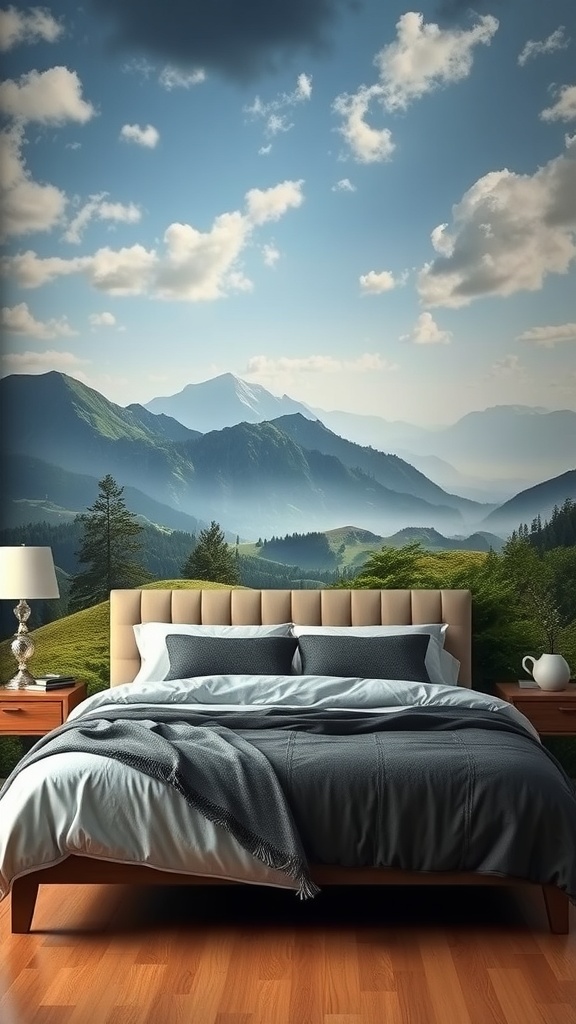 A luxurious bedroom featuring a wall mural of mountains and trees.
