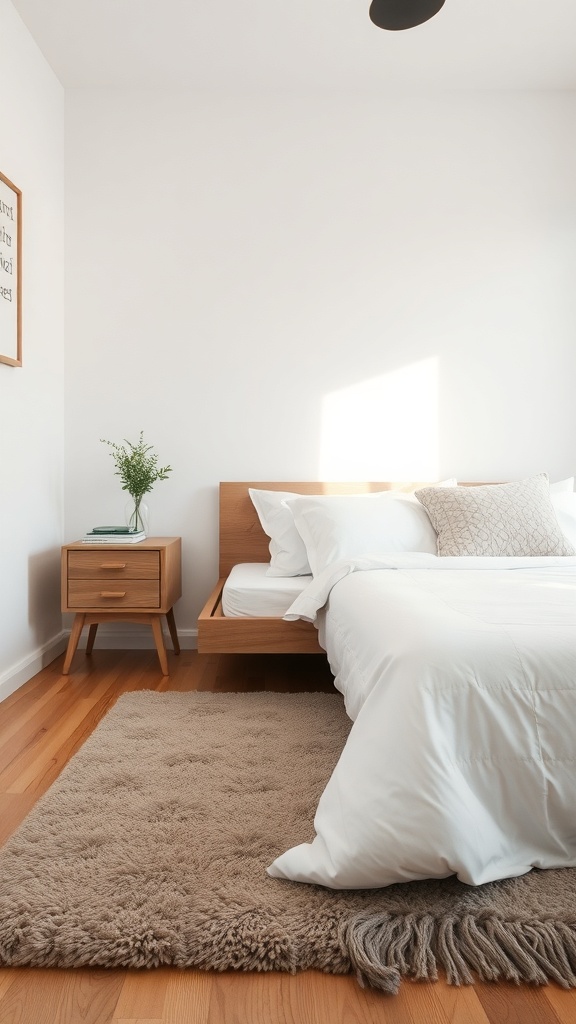 A cozy bedroom featuring a plush area rug, wooden furniture, and soft bedding.