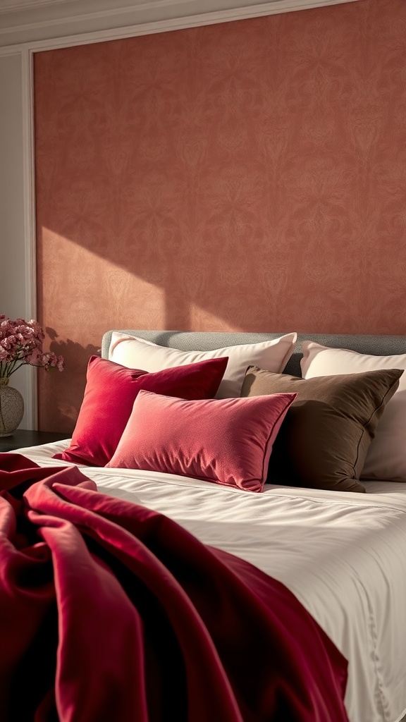 Luxurious bedroom decor with textured fabrics, featuring pillows and a blanket in rich colors.