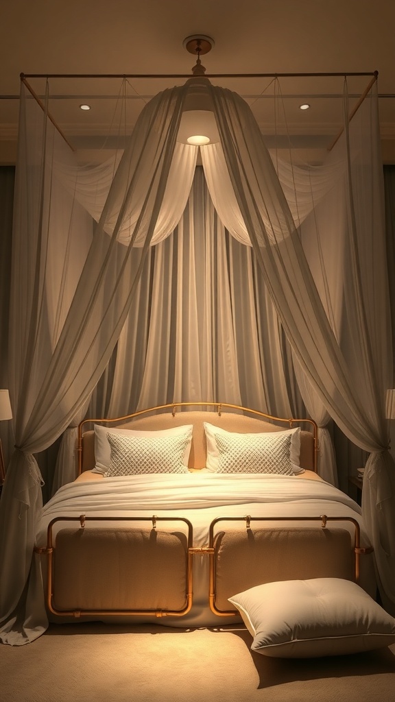 A luxurious canopy bed with soft drapes and elegant lighting.