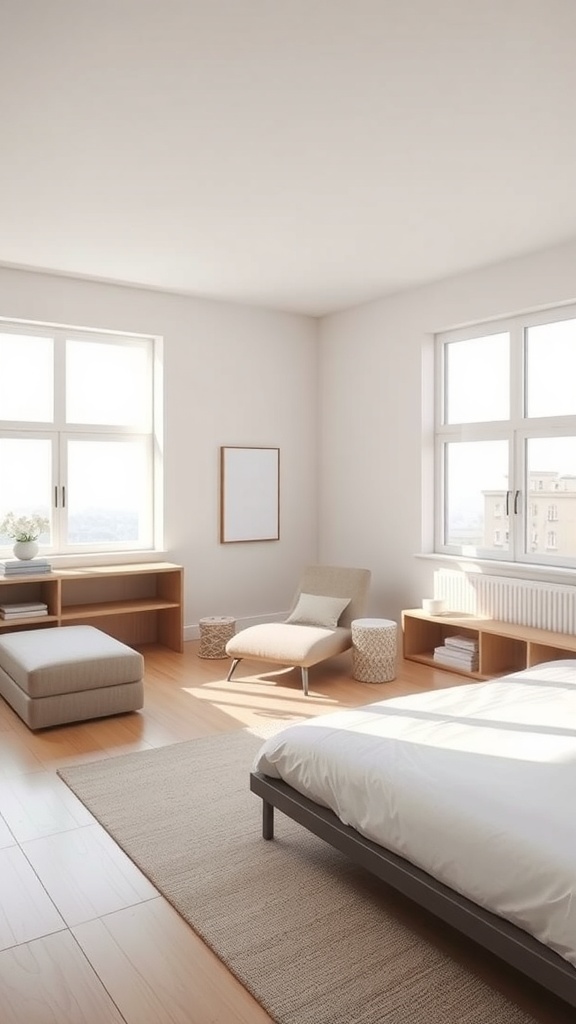 A chic minimalist bedroom with natural light, simple furniture, and a clean aesthetic.