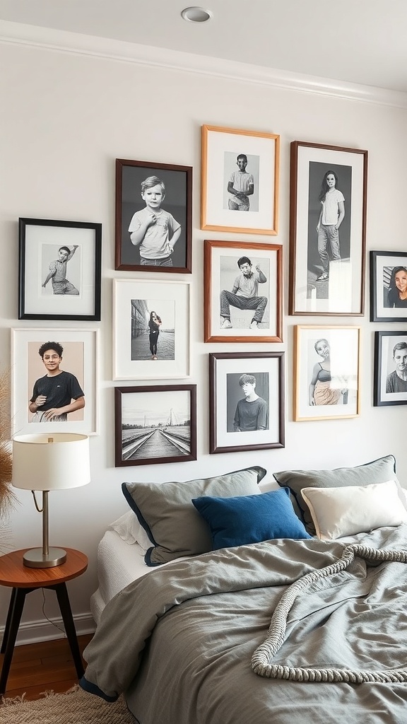 A cozy bedroom featuring a gallery wall of framed black and white photographs.
