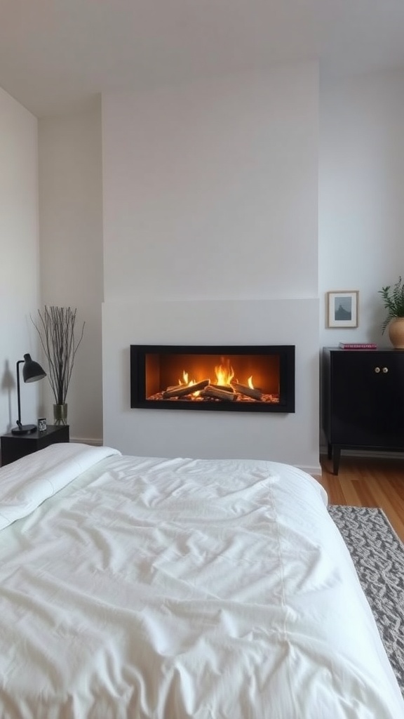 A modern bedroom featuring a sleek fireplace.
