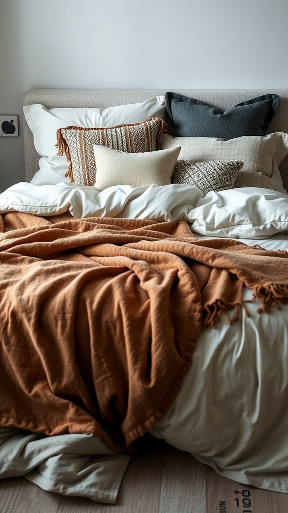 A beautifully layered bed featuring various pillows and a warm throw blanket.