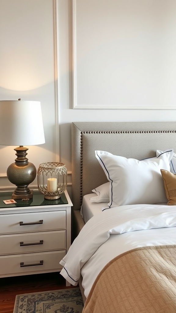 A stylish nightstand with a lamp and decorative items beside a bed.