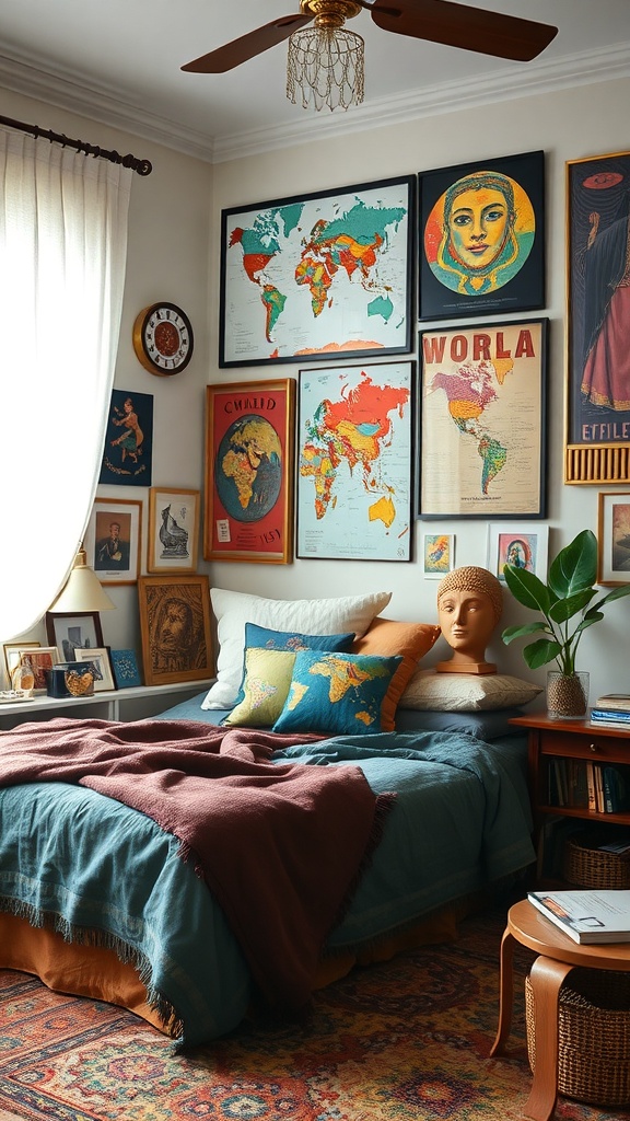A cozy bedroom featuring cultural artifacts like vintage maps, posters, and sculptures.