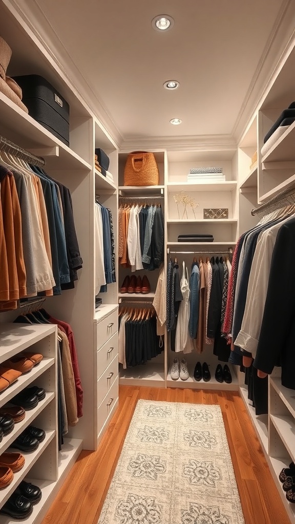 A spacious and organized custom closet with shelves and hanging clothes.