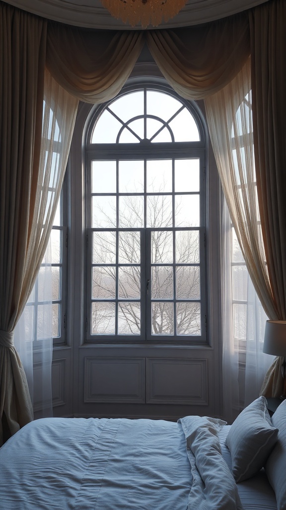 A luxurious bedroom with elegant window treatments and a cozy bed.