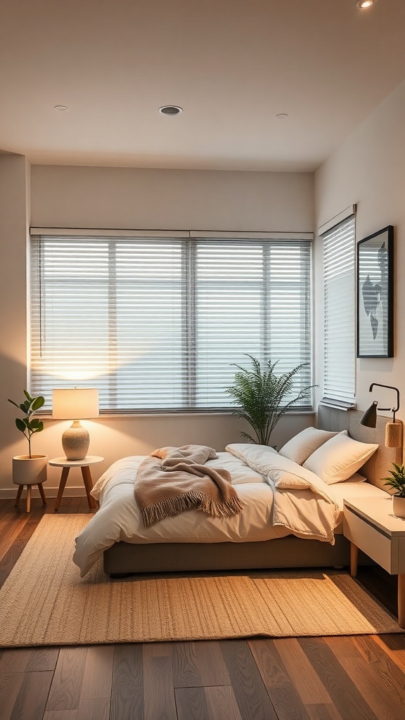 A modern bedroom with smart home features, including adjustable lighting and a cozy atmosphere.