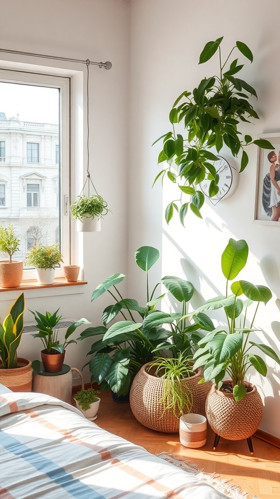 A cozy bedroom with various indoor plants in stylish pots, bright sunlight streaming through the window.