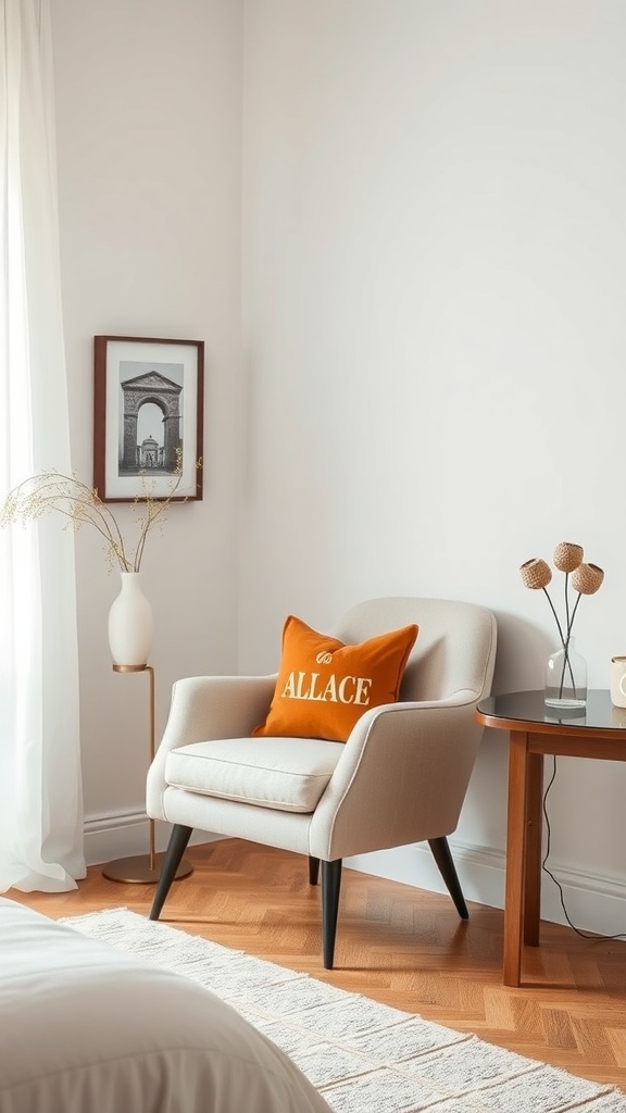 A stylish accent chair with an orange pillow in a modern bedroom setting.