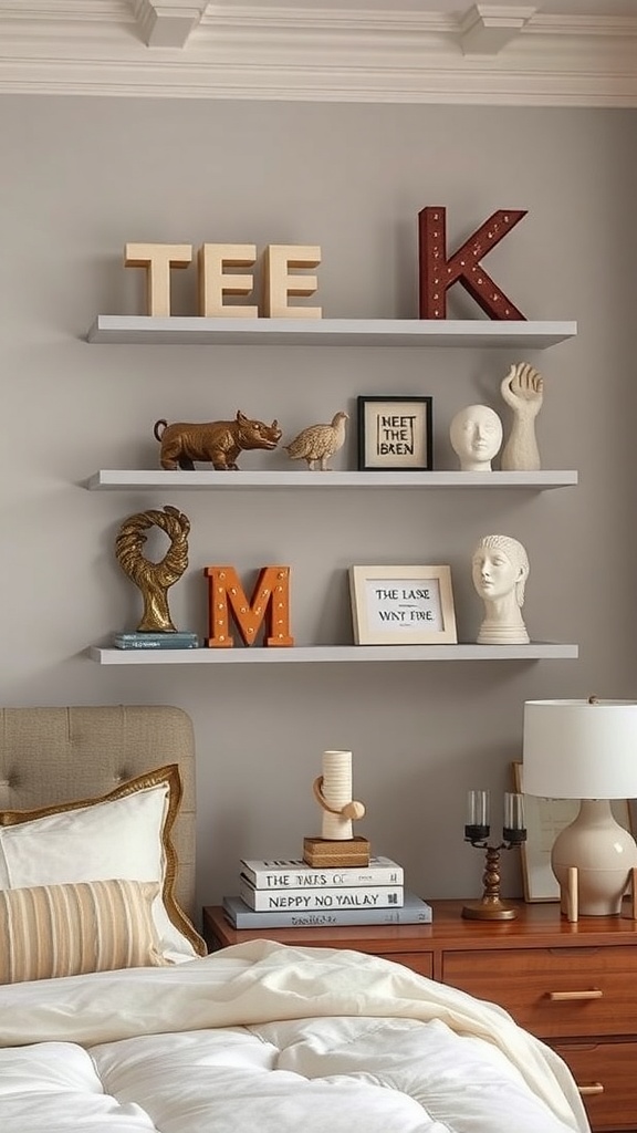 A stylish bedroom featuring sculptural decor elements on shelves, including animal figurines and artistic letters.