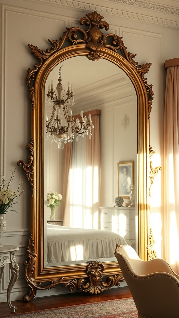 A large ornate mirror with a golden frame reflecting a stylish bedroom.