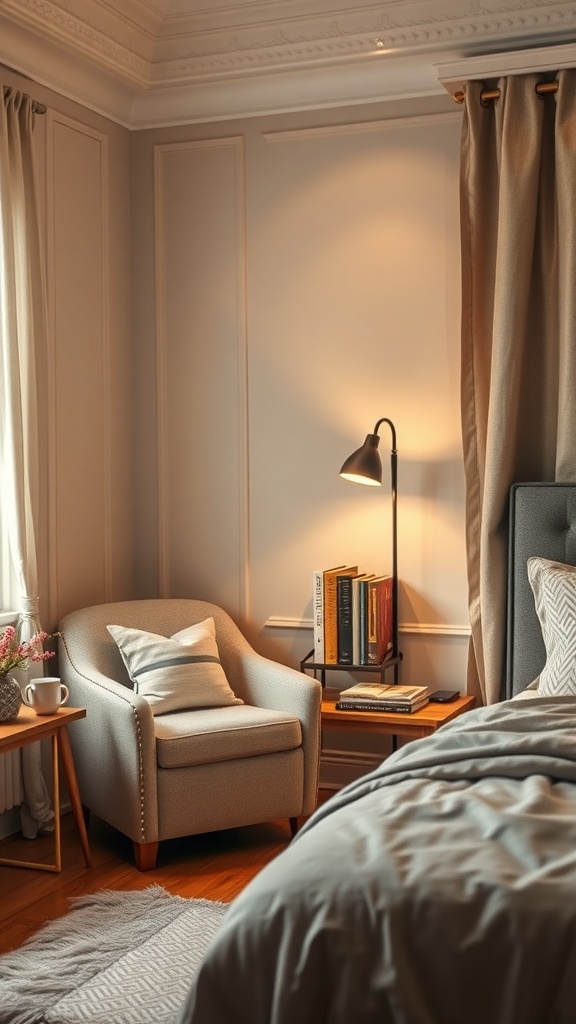 Cozy reading nook with a chair, lamp, and books in a bedroom.