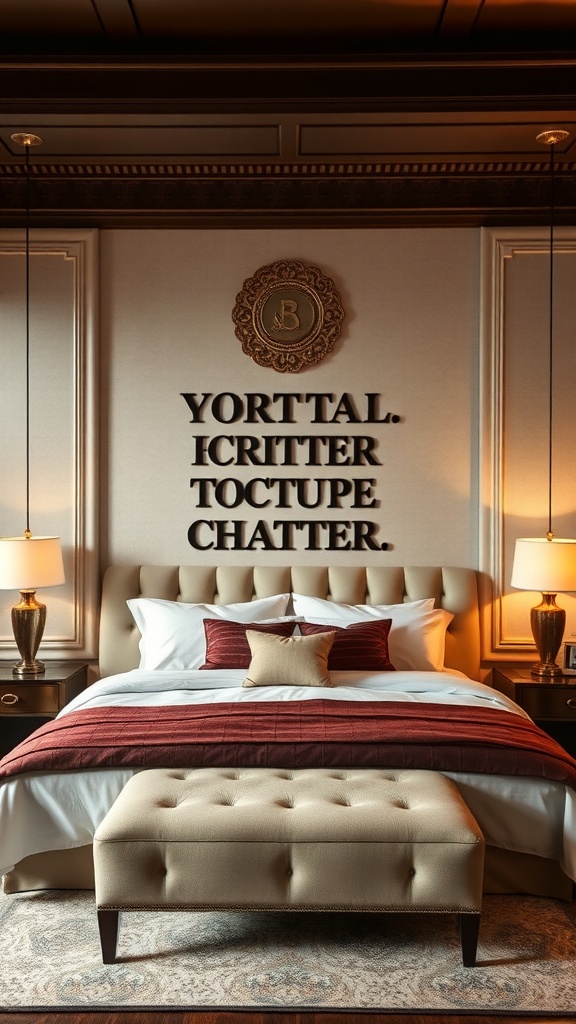 A luxurious bedroom featuring a unique tufted headboard with decorative elements.