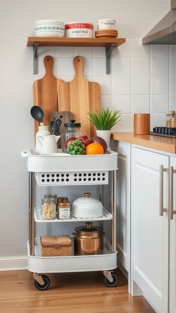 A stylish rolling cart with kitchen items and fresh fruits.