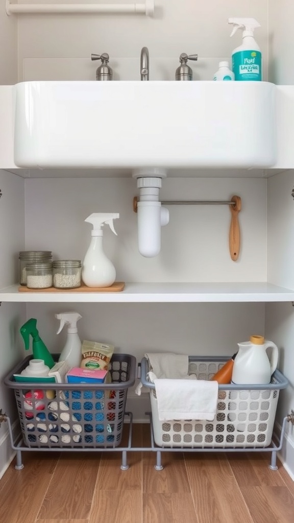Organized under-sink storage with baskets and cleaning supplies.