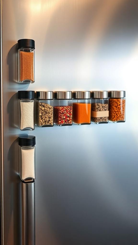 Magnetic spice jars attached to a refrigerator
