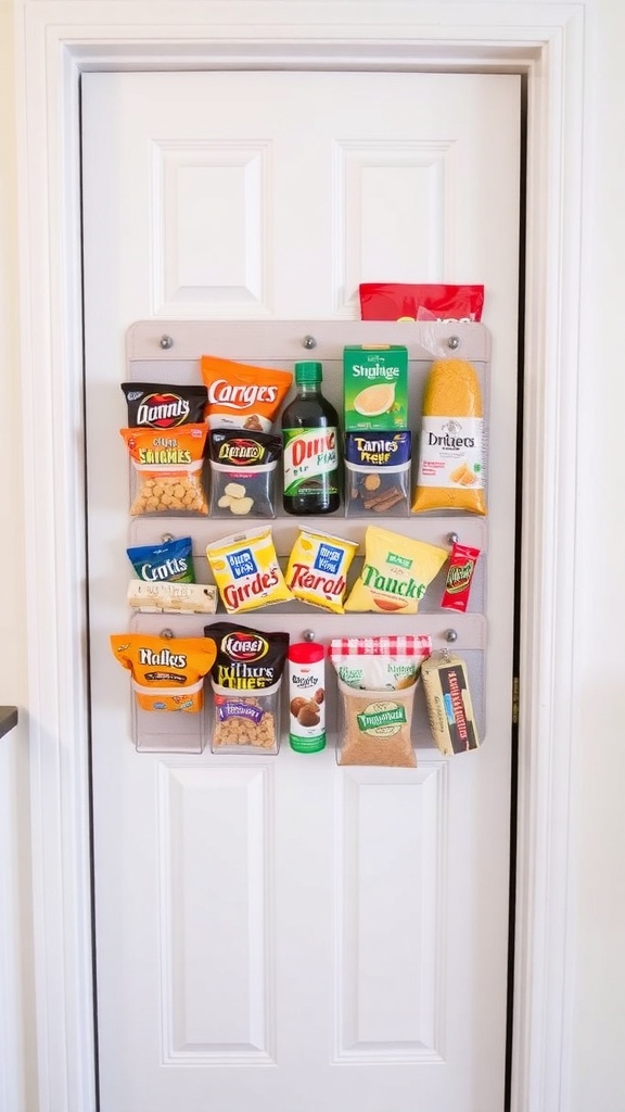 Over-the-door pantry organizer filled with snacks and spices.
