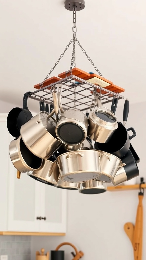 A hanging pot rack with various pots and pans in a kitchen setting.
