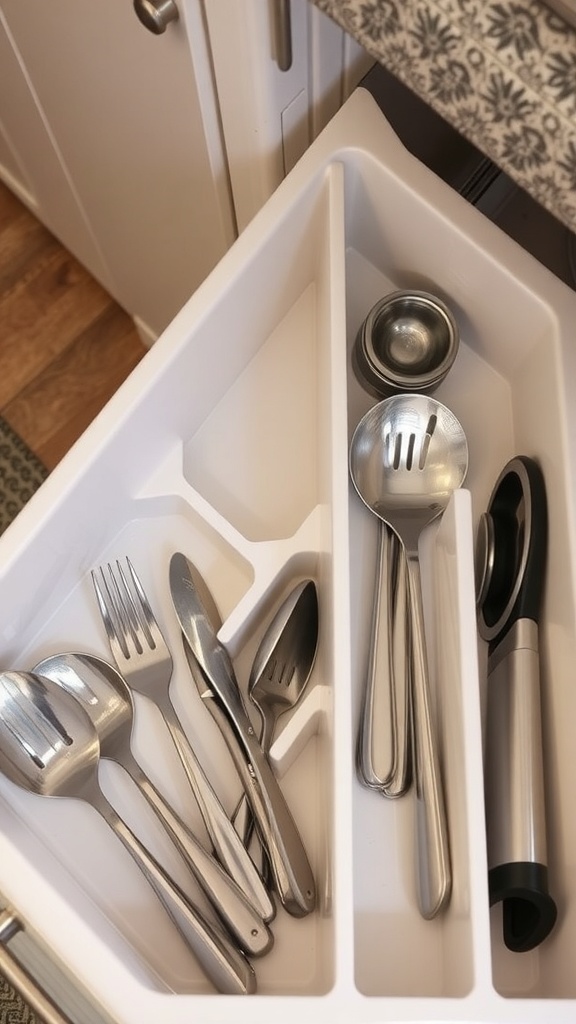 A kitchen drawer with a white plastic divider organizing various utensils like forks, spoons, and knives.