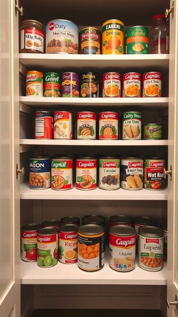A pantry with tiered shelving displaying various canned goods.